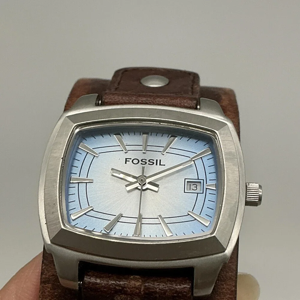 Fossil Womens Watch 30mm Blue Dial Cushion Leather Bund Date New Battery